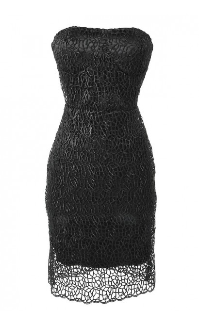 Strapless Bustier Web Lace Overlay Dress in Black